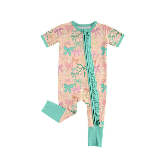 X919 Preorder (moq 5)Baby Girls Colorful Bows Rabbits Easter Ruffle Zipper Footie Rompers