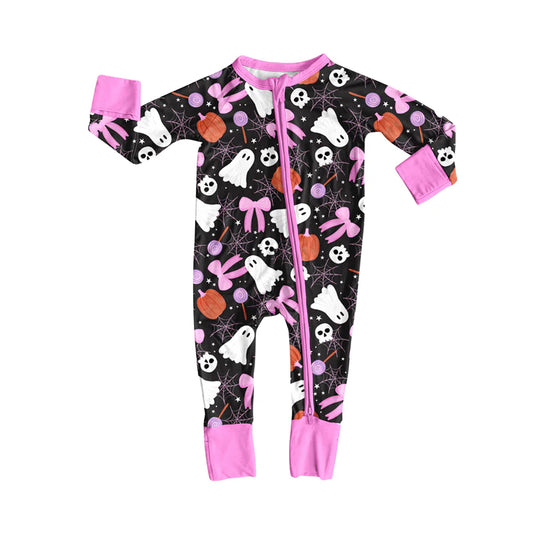 8.6Preorder(moq 5)Baby Infant Boys Long Sleeves Bows Ghosts Halloween Zipper Rompers
