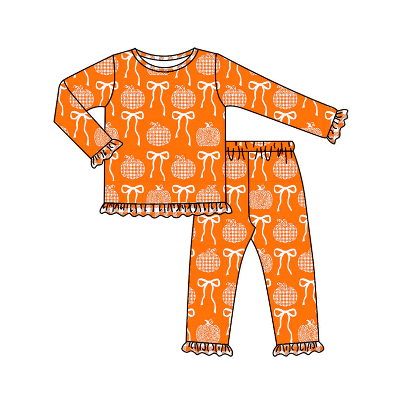 7.12Preorder (moq 5)Baby Girls Long Ruffle Sleeves Bows Pumpkins Plaid Top Pants Pajamas Set