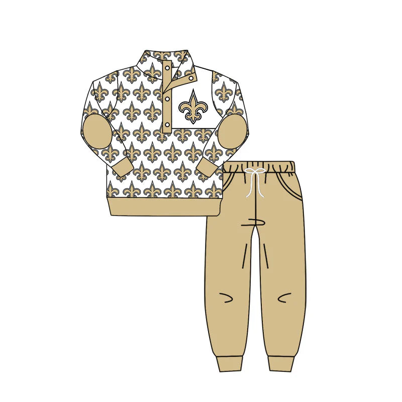 7.30preorder(moq 5) Baby Boys Team Khaki Saint Pullover Top Pants Clothing Sets