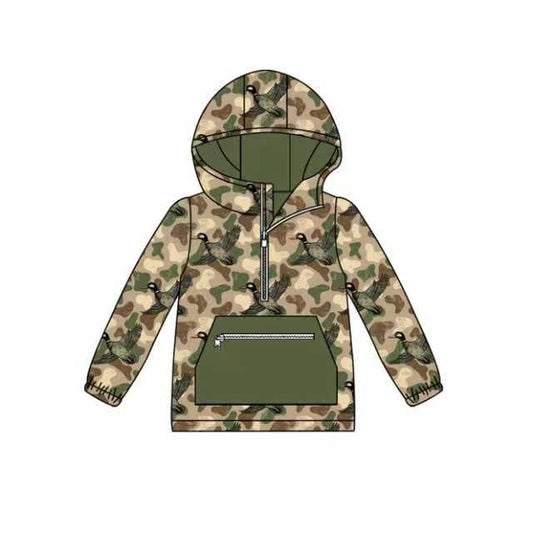 X904Preorder (moq 5)Baby Boys Green Camo Ducks Zipper Pocket Western Hooded Tops
