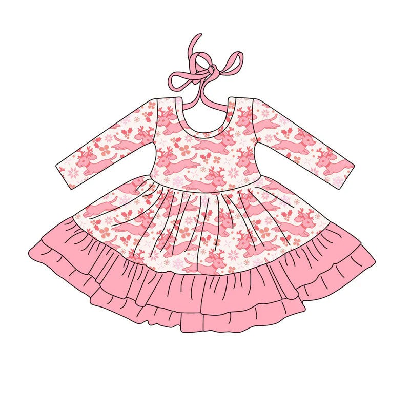 X917917Preorder (moq 5)Baby Girls Long Sleeves Pink Christmas Deer Holly Ruffle Knee Length Dress