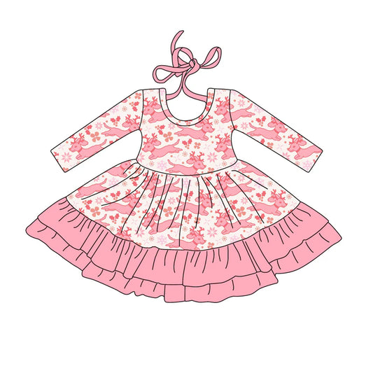 X917917Preorder (moq 5)Baby Girls Long Sleeves Pink Christmas Deer Holly Ruffle Knee Length Dress