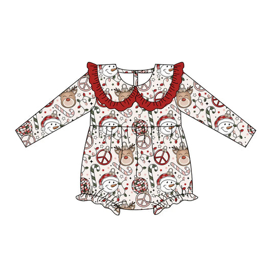 7.19Preorder(moq 5)Baby Girls Snowman Candy Cane Plaid Ruffle Rompers