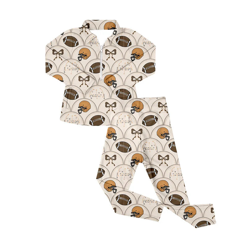 X909Preorder (moq 5)Baby Boys Footballs Bows Checked Zipper Pullover Leggings Team Clothes Sets
