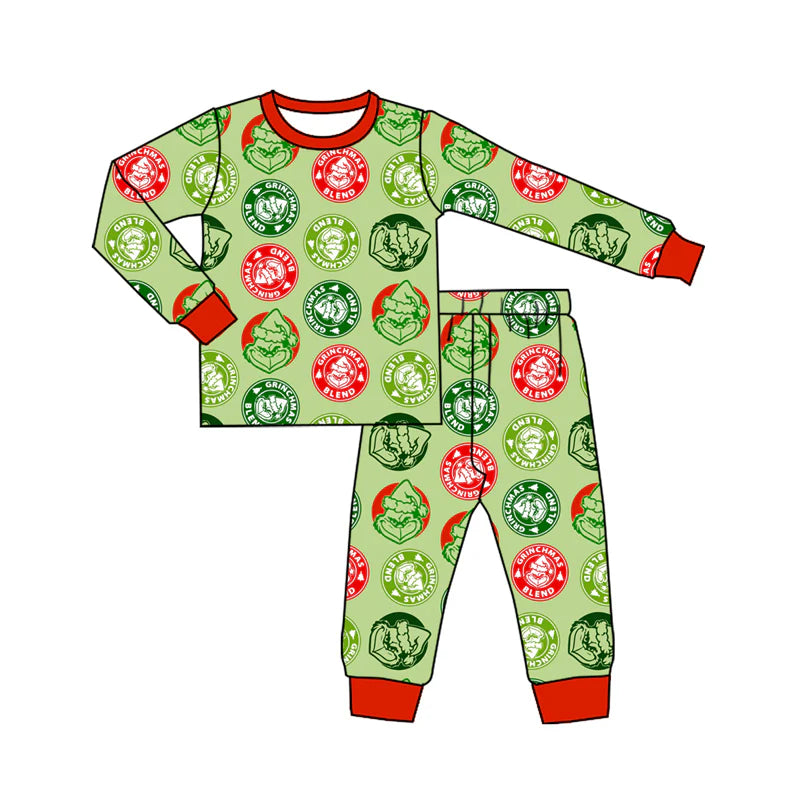 7.30Preorder(moq 5) Baby Boys Long Sleeves Green Faces Blend Plaid Top Pants Pajamas Set