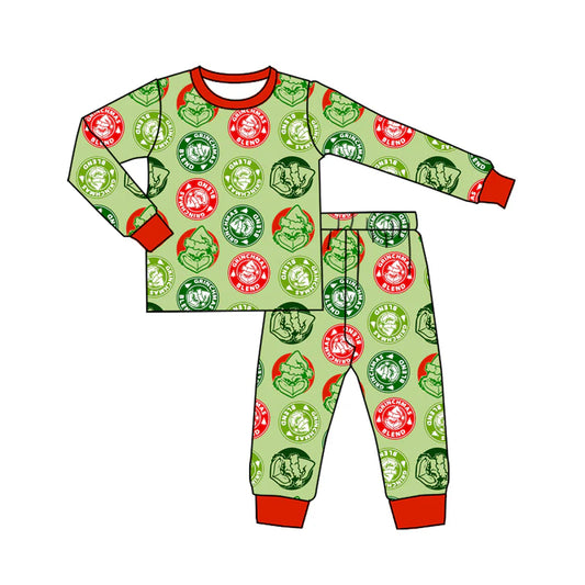 7.30Preorder(moq 5) Baby Boys Long Sleeves Green Faces Blend Plaid Top Pants Pajamas Set