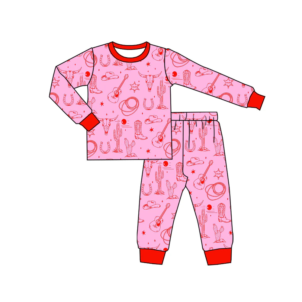 X918Preorder (moq 5)Baby Kids Long Sleeve Bull Skulls Cactus Top Pants Western Pajamas Sets