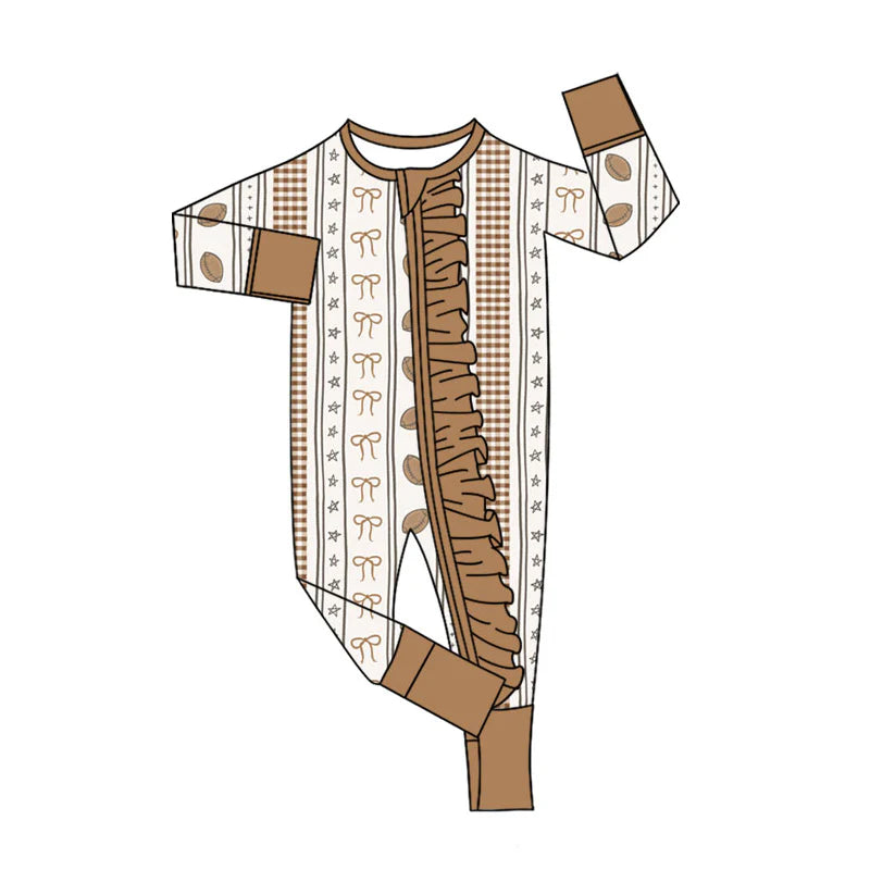 X903Preorder(moq 5)Baby Girls Bows Footballs Stripe Team Ruffle Zipper Footie Rompers