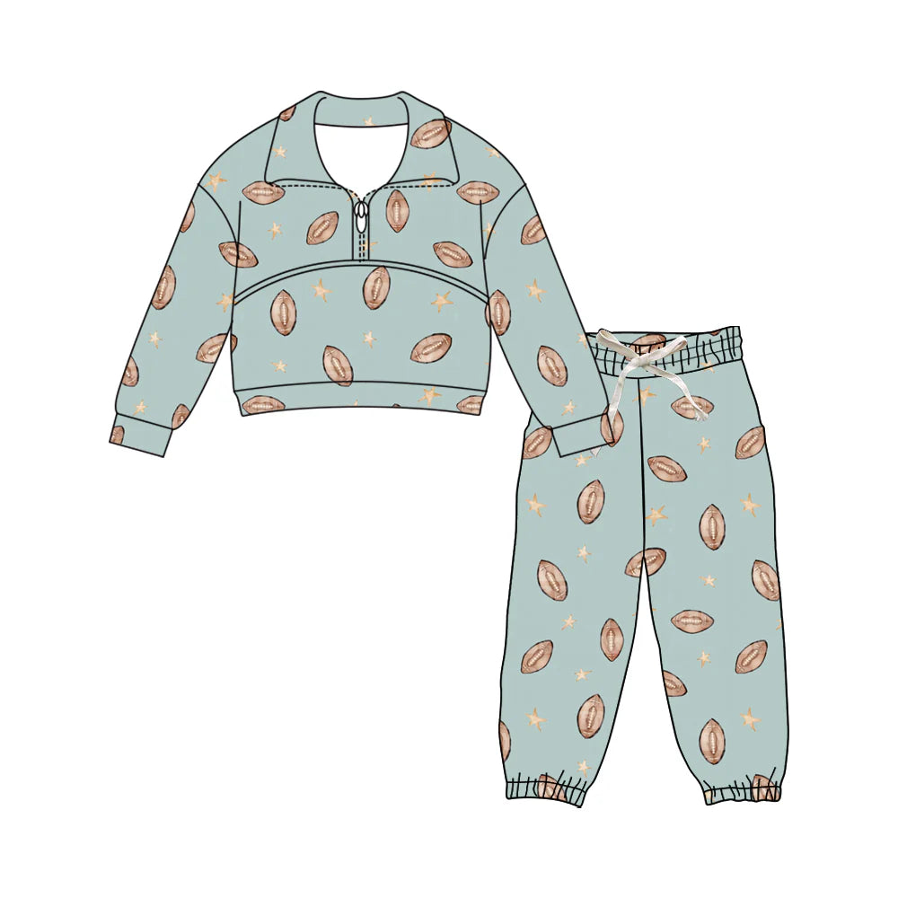 X11.25Preorder (moq 5)Baby Girls Stars Footballs Zipper Pullover Pants Team Clothes Sets