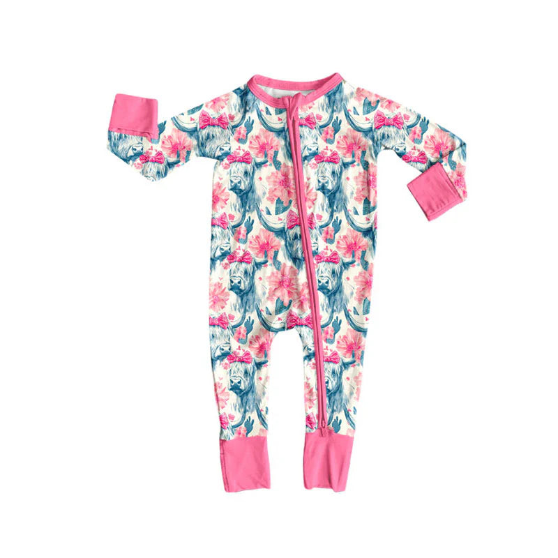X927Preorder (moq 5)Baby Girls Highland Cows Flowers Western Zipper Footie Rompers