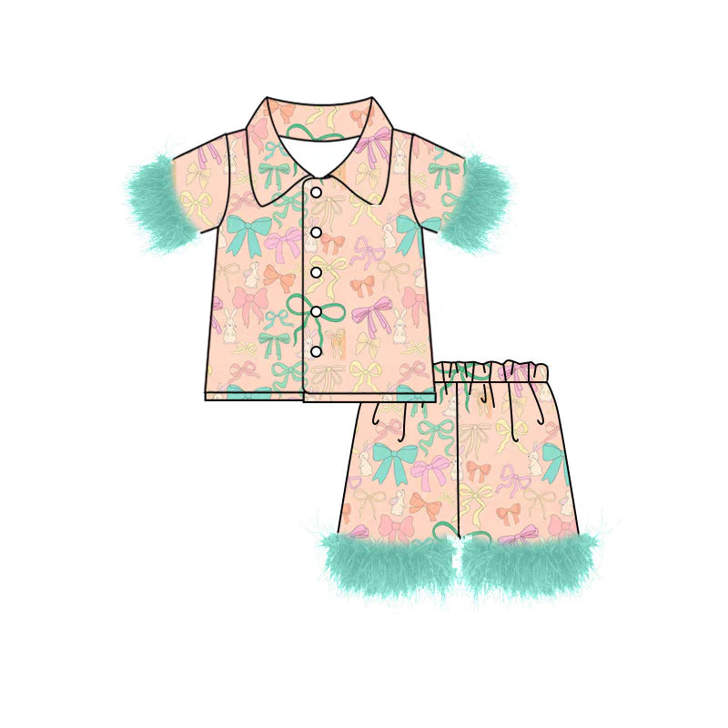 X920Preorder (moq 5)Baby Girls Colorful Bows Rabbits Button Top Shorts Easter Fur Pajamas Sets