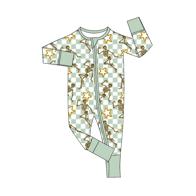 8.6Preorder(moq 5)Baby Infant Boys Long Sleeves Aqua Plaid Skull Stars Halloween Zipper Rompers