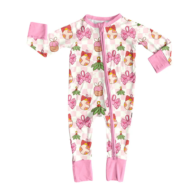 7.16Preorder (moq 5)Baby Girls Pink Plaid Long Sleeves Bows Holly Lights Zipper Romper