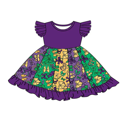 X922Preorder (moq 5)Baby Girls Purple Flutter Sleeve Mardigras Bows Ruffle Knee Length Dress