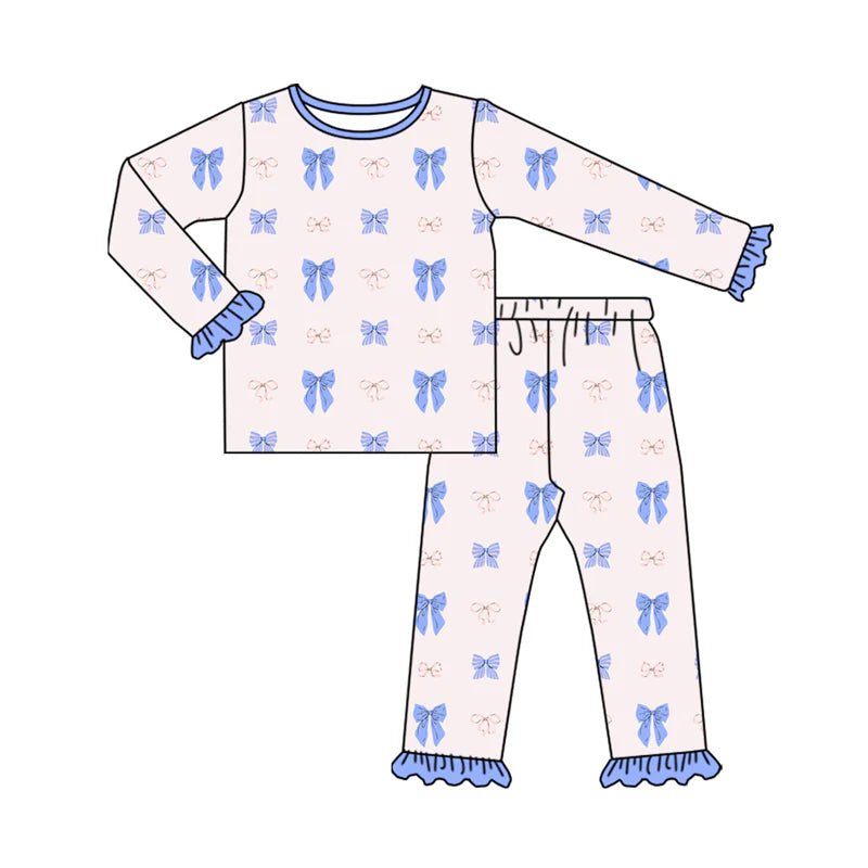 8.4Preorder (moq 5)Baby Girls Blue Pink Bows Plaid Top Ruffle Pant Pajamas Set