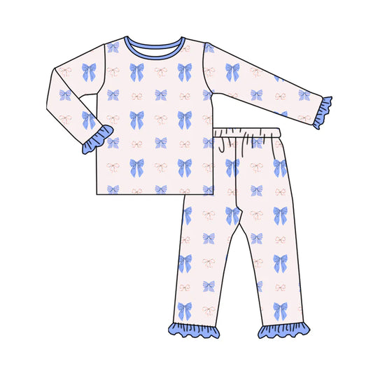 8.4Preorder (moq 5)Baby Girls Blue Pink Bows Plaid Top Ruffle Pant Pajamas Set