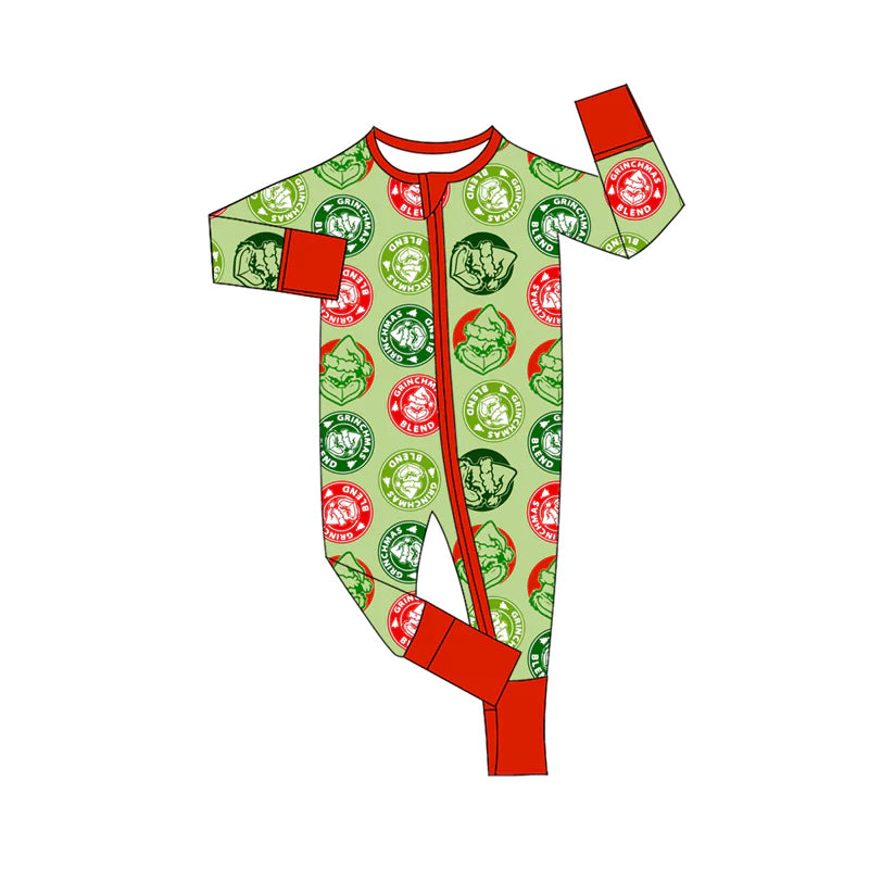 8.6Preorder(moq 5)Baby Infant Boys Long Sleeves Green Face Plaid Christmas Zipper Rompers