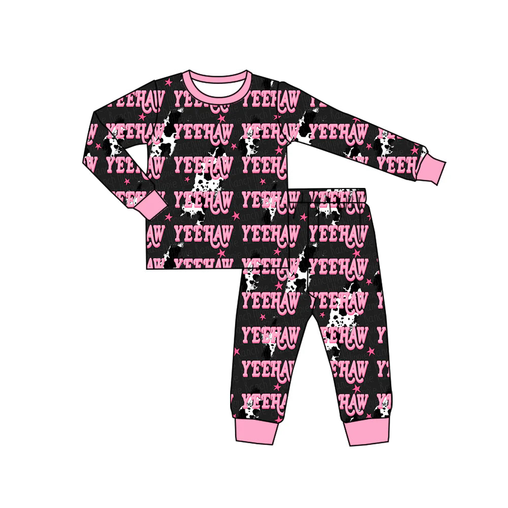 X918 Preorder (moq 5)Baby Kids Long Sleeve Cow Print Lights Yeehaw Top Pants Western Pajamas Sets