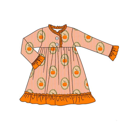 7.12Preorder (moq 5)Baby Girls Long Ruffle Sleeves Pumpkins Plaid Button Knee Length Dresses