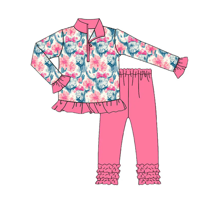 X927Preorder (moq 5)Baby Girls Highland Cows Zipper Pullover Ruffle Leggings Western Clothes Sets