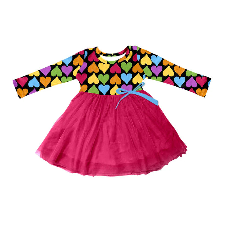X101Preorder (moq 5)Baby Girls Colorful Hearts Long Sleeve Valentine Tulle Knee Length Dresses
