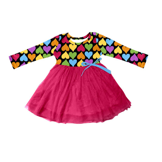 X101Preorder (moq 5)Baby Girls Colorful Hearts Long Sleeve Valentine Tulle Knee Length Dresses