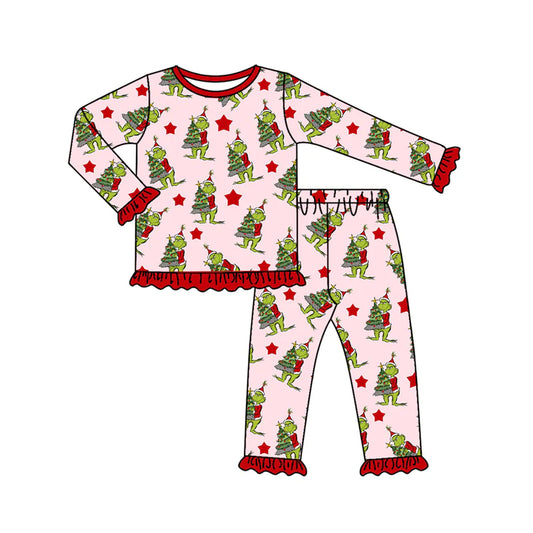 7.31Preorder(moq 5) Baby Girls Long Ruffle Sleeves Christmas Trees Green Face Top Pants Pajamas Set