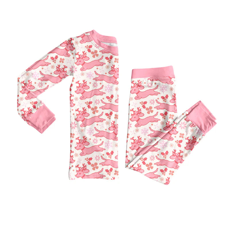 X917Preorder (moq 5)Baby Girls Long Sleeves Pink Christmas Deer Holly Top Pants Pajamas Set