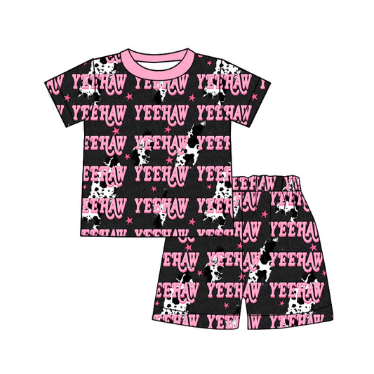 X919Preorder (moq 5)Baby Girls Cow Print Lights Yeehaw Top Shorts Western Pajamas Sets
