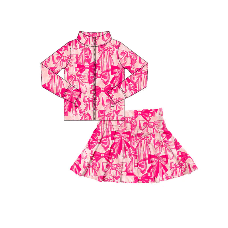 7.11Preorder (moq 5)Baby Girls Hot Pink Bows Plaid Zipper Pockets Jackets Top Skorts Yoga Set