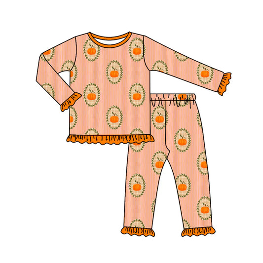 7.12Preorder (moq 5)Baby Girls Long Ruffle Sleeves Pumpkins Plaid Top Pants Pajamas Set