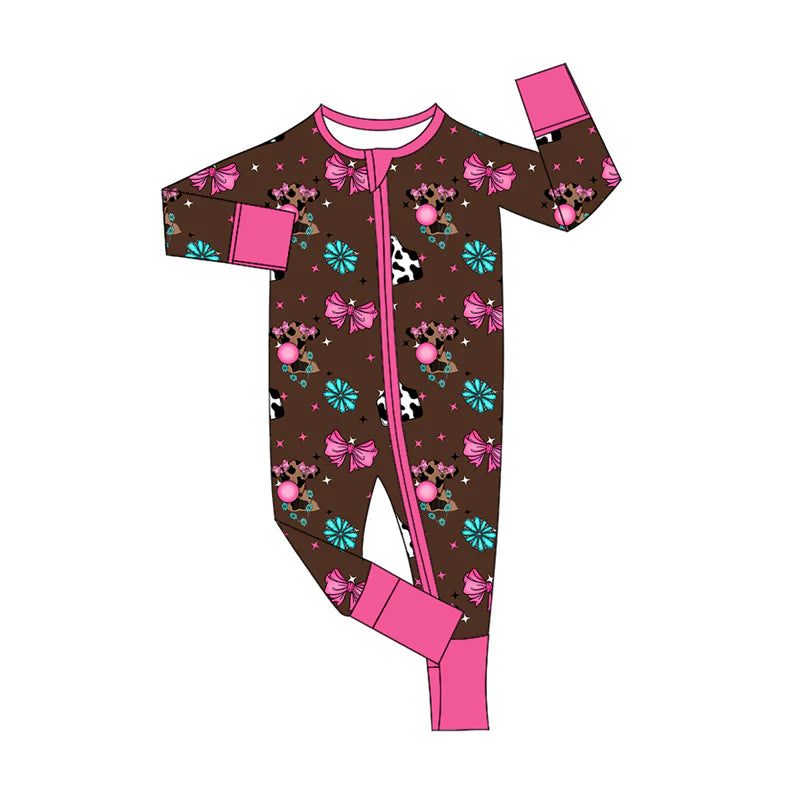 8.6Preorder(moq 5)Baby Infant Boys Long Sleeves Cow Print Turquoise Zipper Rompers