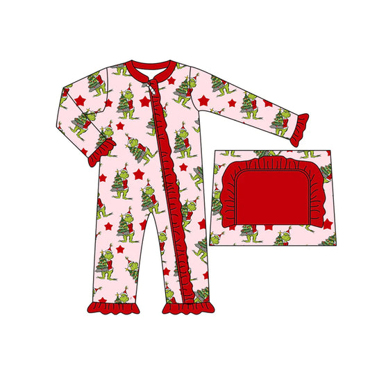 8.7preorder(moq 5)Baby Infant Girls Christmas Trees Green Face Ruffle Zipper Rompers