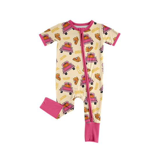 7.16Preorder(moq 5)Baby Girls Pink Short Sleeves Pie Pumpkins Trucks Plaid Zipper Romper