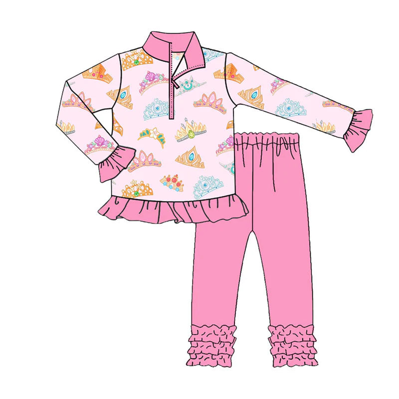 X925Preorder (moq 5)Baby Girls Colorful Crowns Zipper Pullover Ruffle Legging Mardigras Clothes Sets