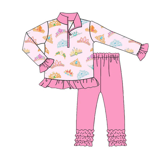 X925Preorder (moq 5)Baby Girls Colorful Crowns Zipper Pullover Ruffle Legging Mardigras Clothes Sets