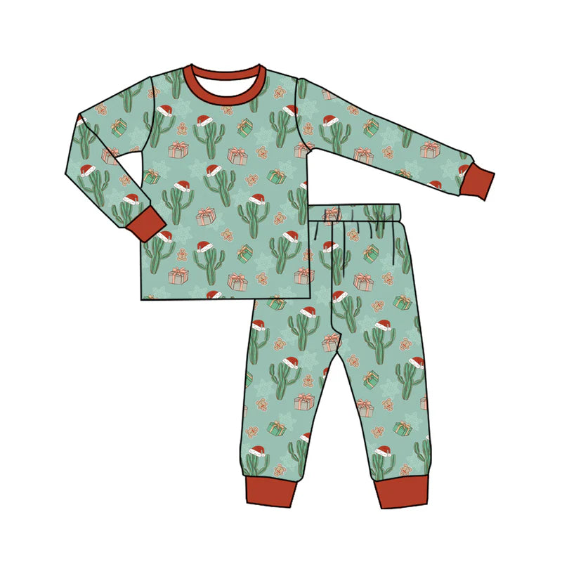 7.30Preorder(moq 5) Baby Boys Long Sleeves Christmas Hats Cactus Plaid Top Pants Pajamas Set