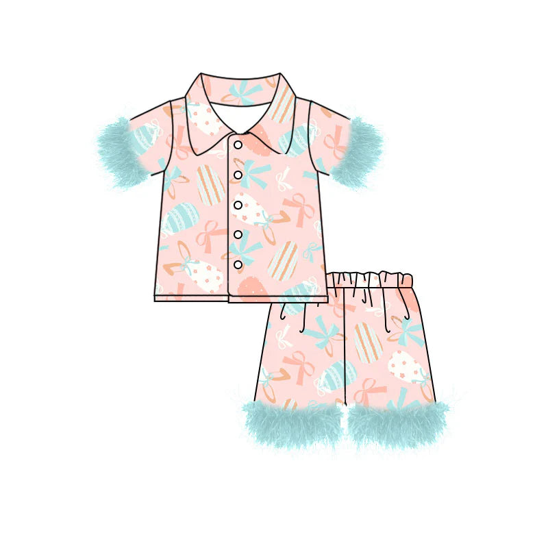 X919Preorder (moq 5)Baby Girls Bows Eggs Button Top Shorts Easter Fur Pajamas Sets
