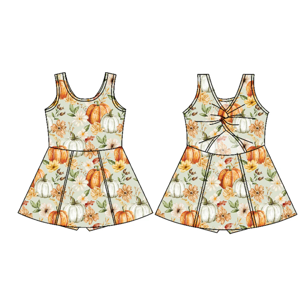 7.22Preorder (moq 5)Baby Girls Sleeveless Flowers Pumpkins Shorts Knee Length Dresses