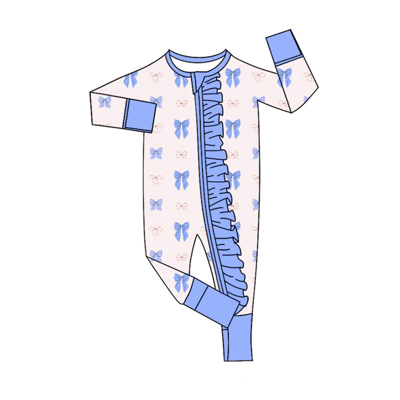 8.4Preorder(moq 5)Baby Infant Girls Pink Blue Bows Plaid Ruffle Zipper Rompers