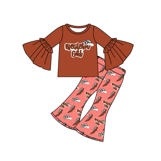 7.31preorder(moq 5) Baby Girls Bell Sleeves Western Girl Top Flare Pants Set