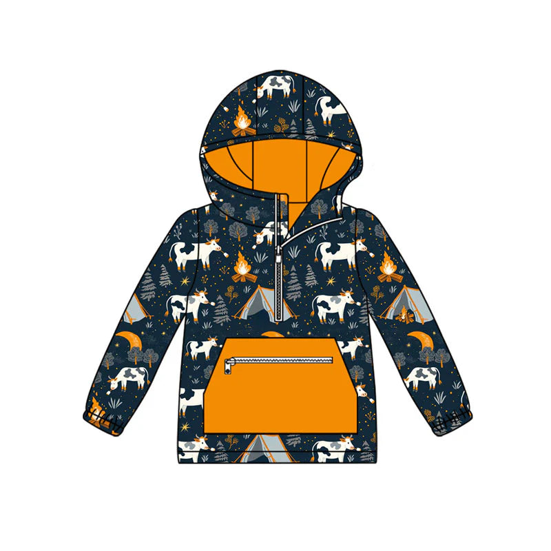 X909Preorder (moq 5)Baby Boys Cows Fire Adventure Pockets Zipper Western Hoodies Top