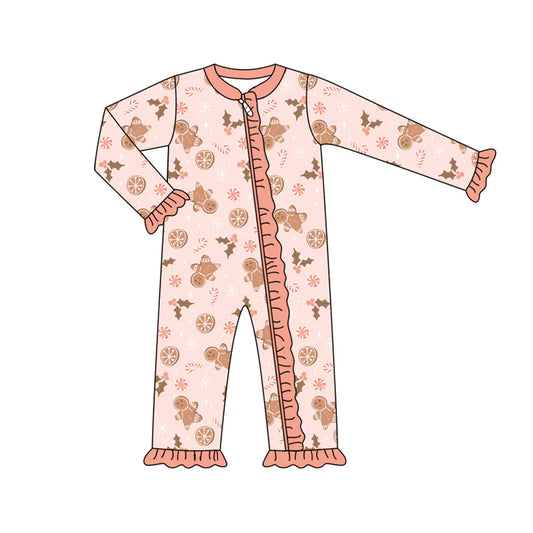 7.16Preorder (moq 5)Baby Girls Long Sleeves Peach Holly Gingerbread Ruffle Zipper Romper