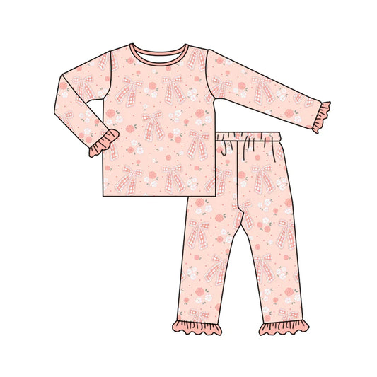 8.4Preorder (moq 5)Baby Girls Pink Bows Flowers Top Ruffle Pant Pajamas Set