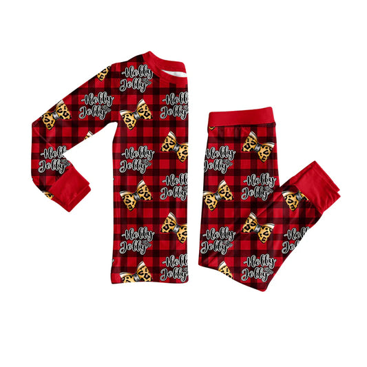 7.21Preorder (moq 5)Baby Girls Long Sleeves Red Plaid Leopard Bows Top Pants Pajamas Set