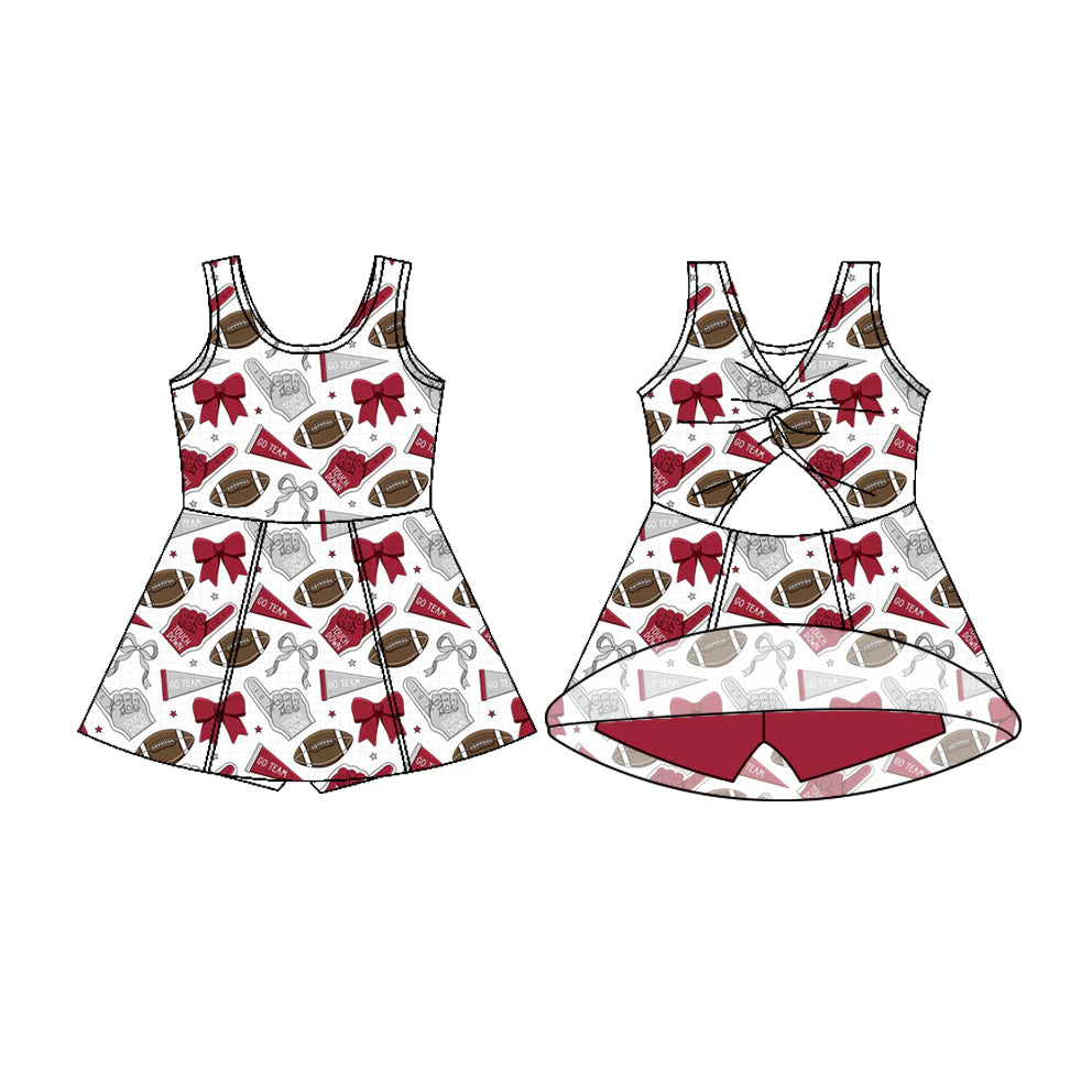 7.18Preorder (moq 5)Baby Girls Sleeveless Red Bows Footballs Shorts Team Knee Length Dresses