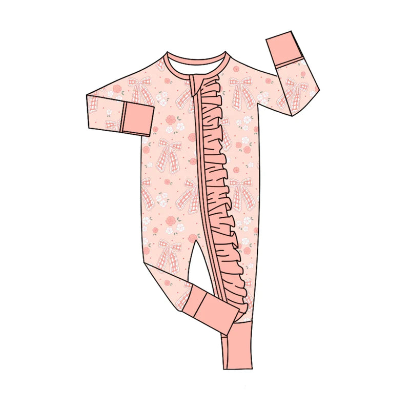 8.4Preorder(moq 5)Baby Infant Girls Pink Bows Flowers Ruffle Zipper Rompers