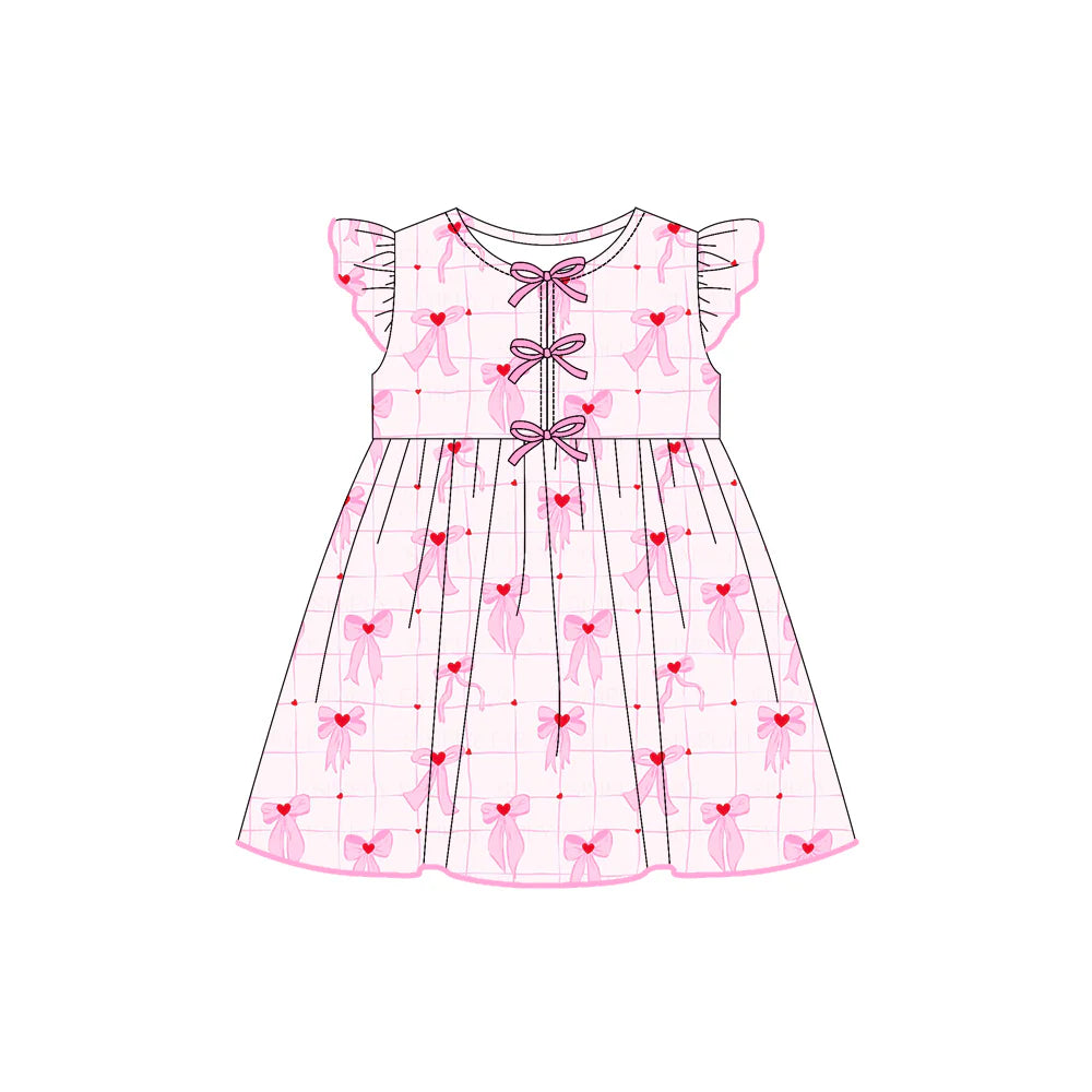 7.21Preorder (moq 5)Baby Girls Flutter Sleeves Pink Bows Hearts Plaid Knee Length Dresses