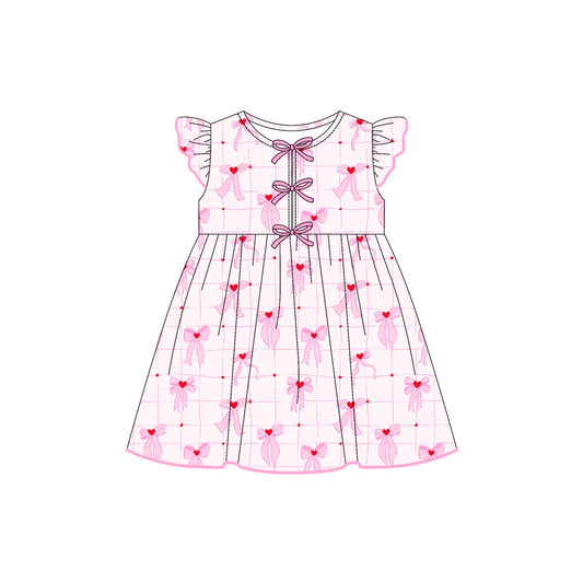 7.21Preorder (moq 5)Baby Girls Flutter Sleeves Pink Bows Hearts Plaid Knee Length Dresses